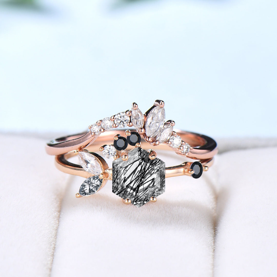 Vintage Black Rutilated Quartz Wedding Ring Set Unique Engagement Ring Set Rose Gold Cluster Black Onyx Bridal Set Women Anniversary Gift - PENFINE