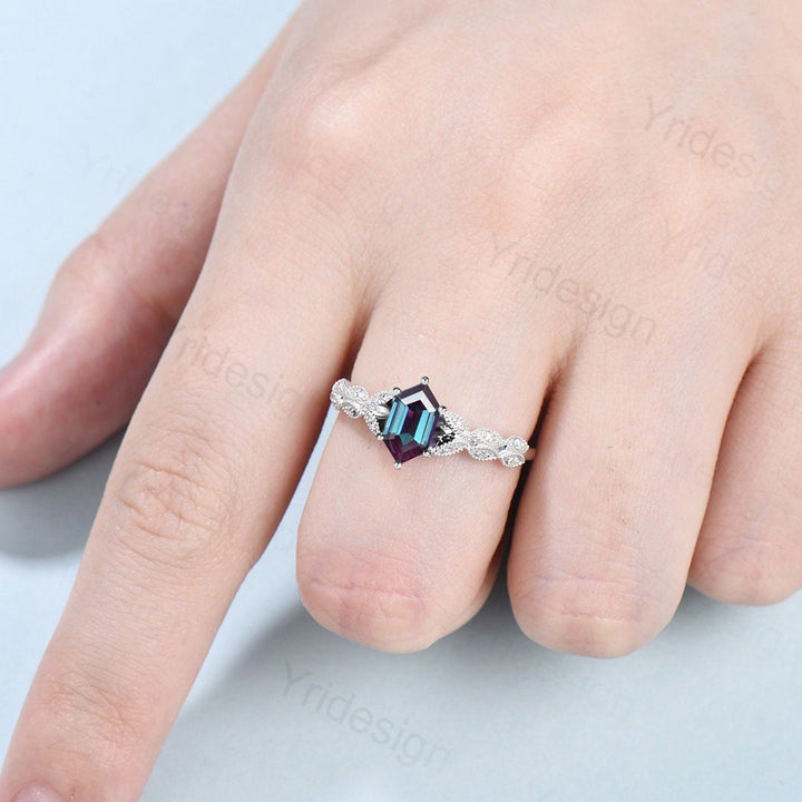 Elongated Color Change Alexandrite Ring Antique Solid White Gold Hexagon Alexandrite Engagement Ring Unique Leaf Wedding Ring Women - PENFINE