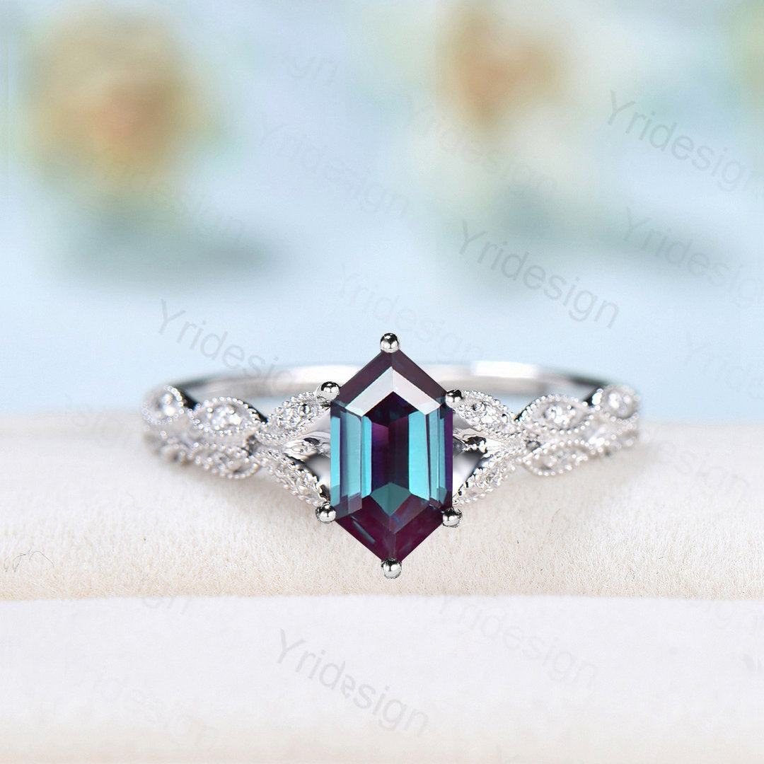 Elongated Color Change Alexandrite Ring Antique Solid White Gold Hexagon Alexandrite Engagement Ring Unique Leaf Wedding Ring Women - PENFINE