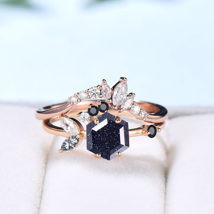 Vintage Blue Sandstone Engagement Ring Set Unique Galaxy Wedding Ring Set Rose Gold Cluster Black Onyx Bridal Set Women Anniversary Gift - PENFINE