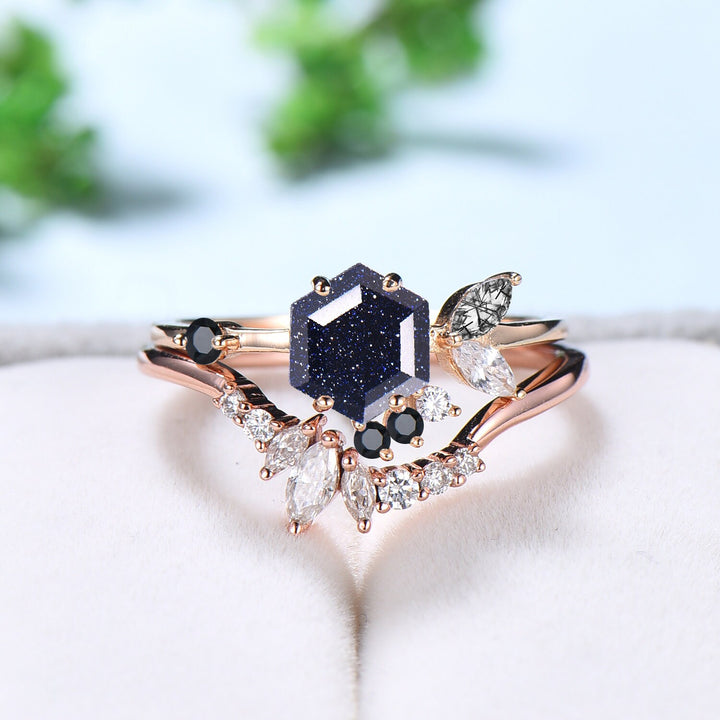 Vintage Blue Sandstone Engagement Ring Set Unique Galaxy Wedding Ring Set Rose Gold Cluster Black Onyx Bridal Set Women Anniversary Gift - PENFINE