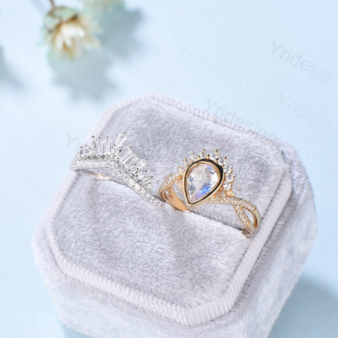 Vintage Pear moonstone engagement ring set twisted women wedding band bezel set moissanite Art deco rose gold promise Infinity wedding ring - PENFINE