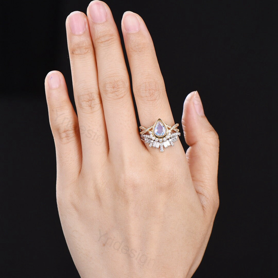 Vintage Pear moonstone engagement ring set twisted women wedding band bezel set moissanite Art deco rose gold promise Infinity wedding ring - PENFINE