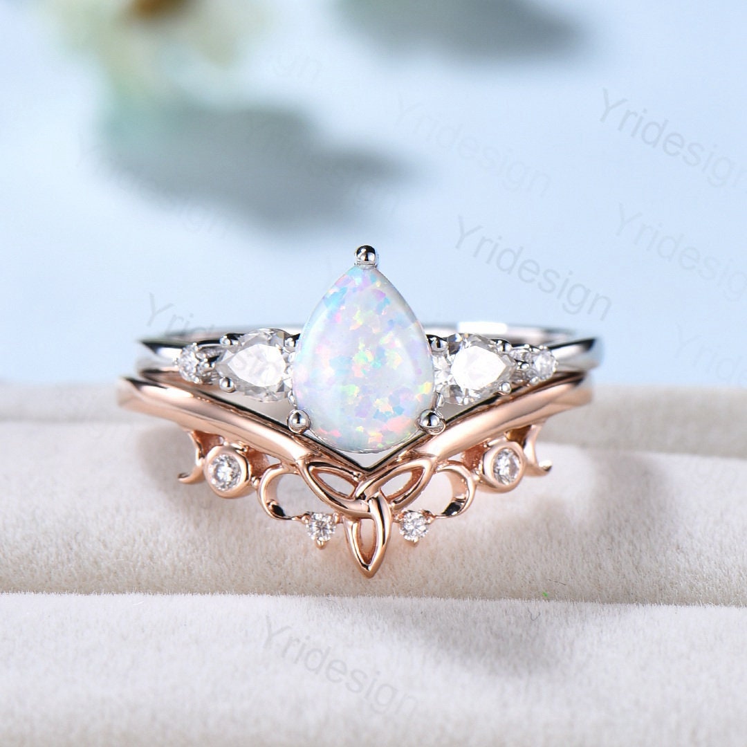 Vintage opal ring gold women unique pear shaped fire white opal engagement ring set moissanite ring art deco crown wedding ring set - PENFINE