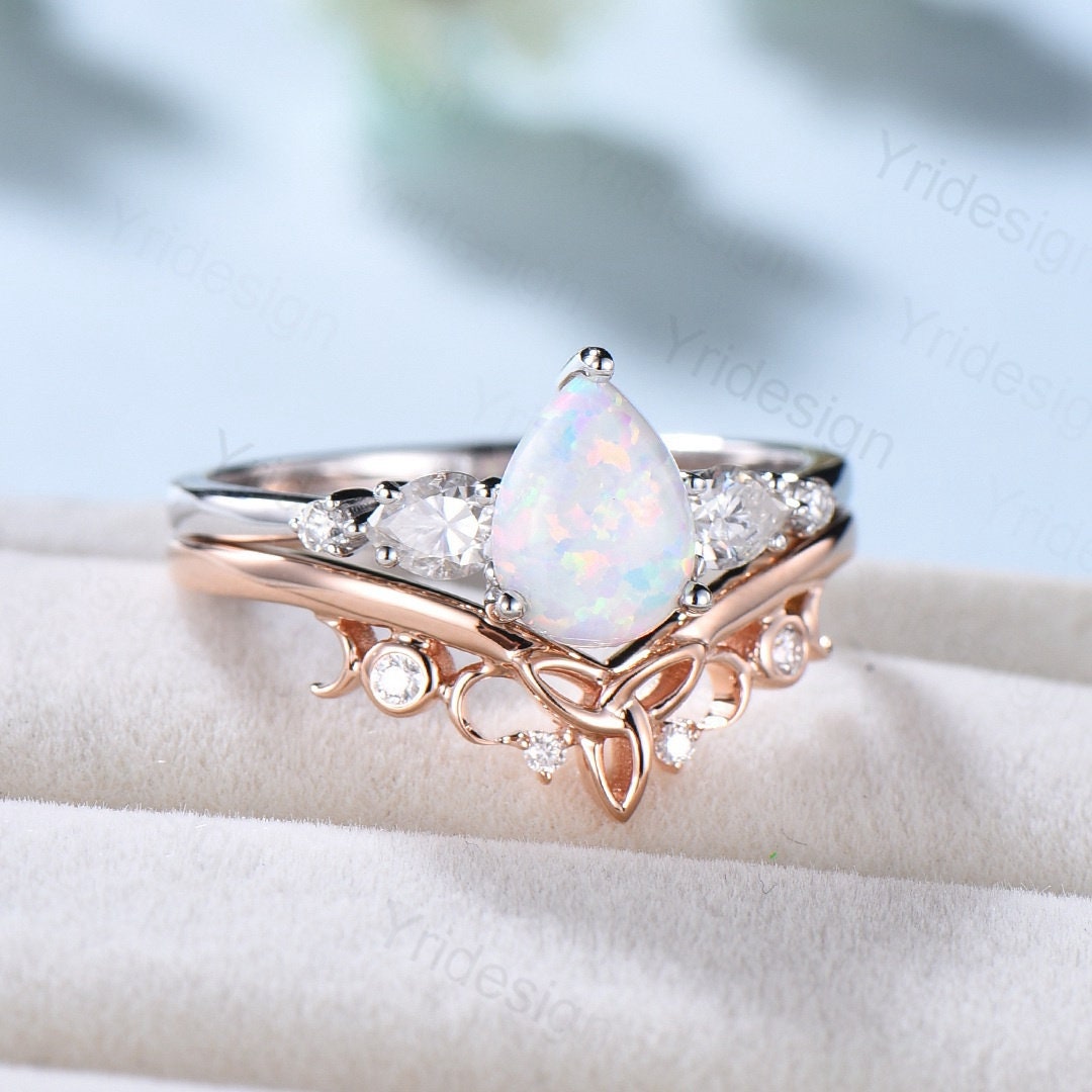 Vintage opal ring gold women unique pear shaped fire white opal engagement ring set moissanite ring art deco crown wedding ring set - PENFINE