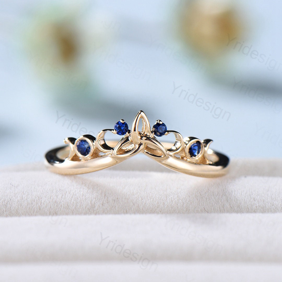 Sapphire Wedding Ring Celtic Knot Norse Viking Sapphire wedding band women unique curved Matching stacking band anniversary ring gift - PENFINE