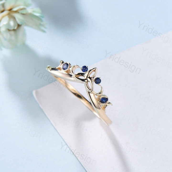 Sapphire Wedding Ring Celtic Knot Norse Viking Sapphire wedding band women unique curved Matching stacking band anniversary ring gift - PENFINE