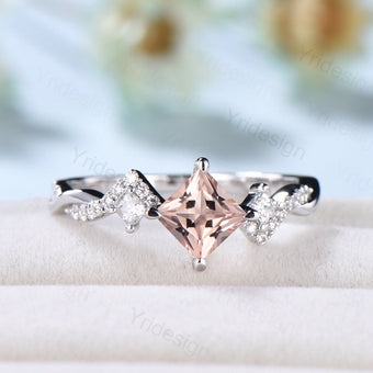 5mm Princess cut morganite engagement ring rose gold-Unique peach morganite infinity moissanite wedding band-vintage anniversary rings - PENFINE