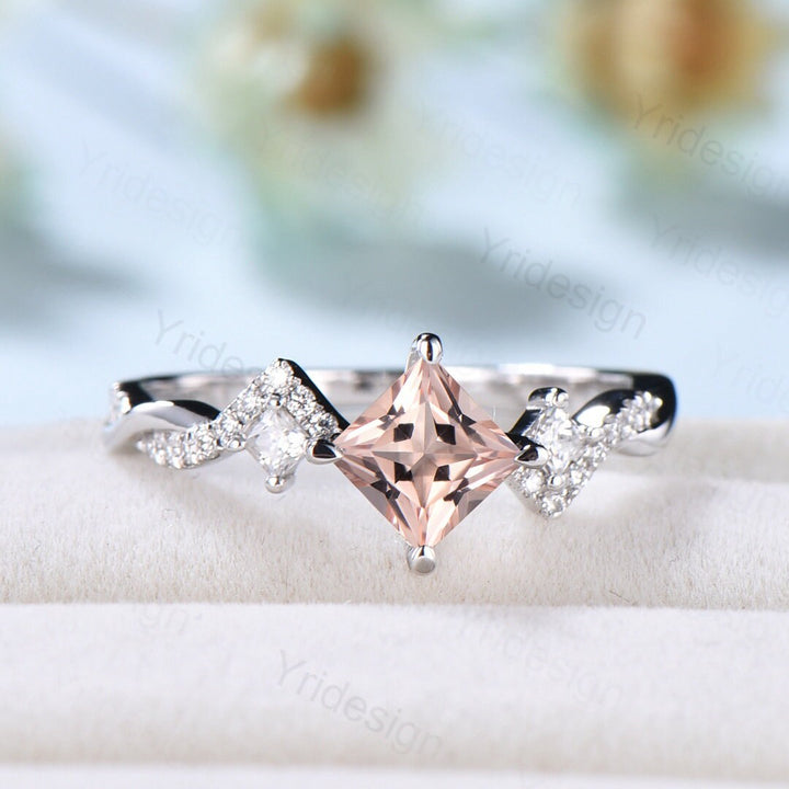 5mm Princess cut morganite engagement ring rose gold-Unique peach morganite infinity moissanite wedding band-vintage anniversary rings - PENFINE