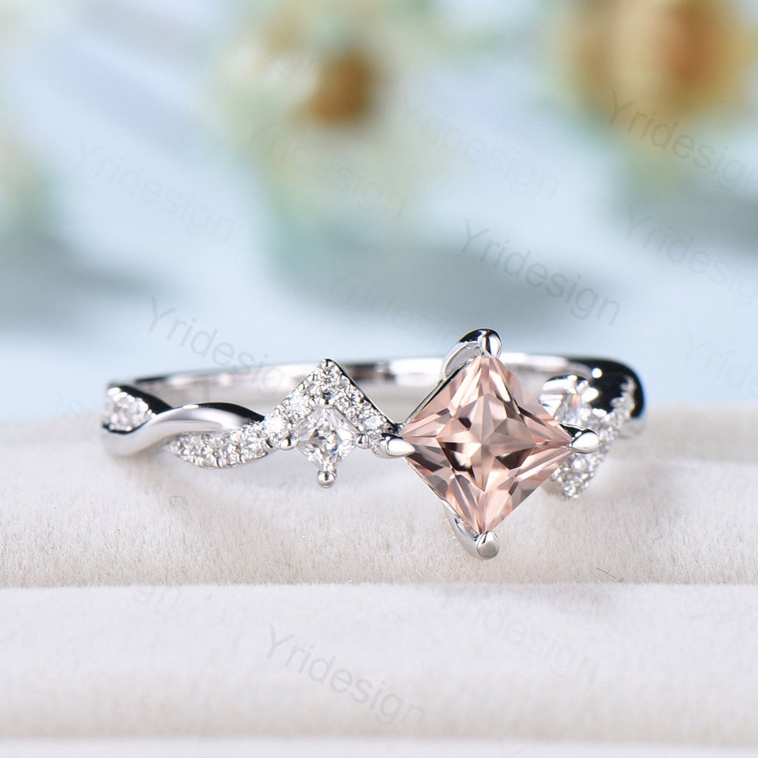 5mm Princess cut morganite engagement ring rose gold-Unique peach morganite infinity moissanite wedding band-vintage anniversary rings - PENFINE