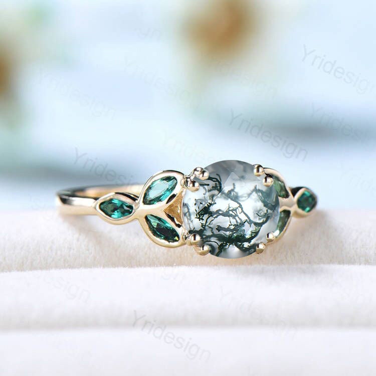 Vintage Moss Agate Engagement Ring Marquise Emerald and Agate wedding ring for women Bezel set art deco green stone bridal ring gift for her - PENFINE