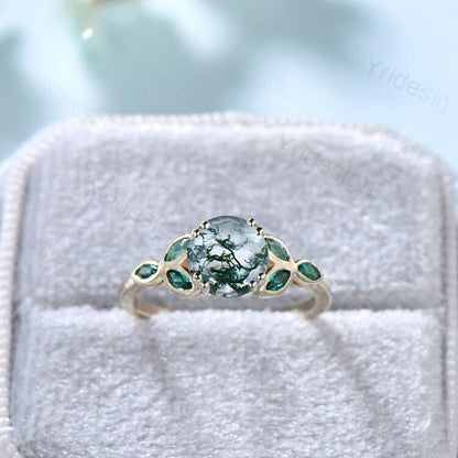 Vintage Moss Agate Engagement Ring Marquise Emerald and Agate wedding ring for women Bezel set art deco green stone bridal ring gift for her - PENFINE