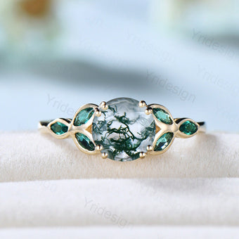 Vintage Moss Agate Engagement Ring Marquise Emerald and Agate wedding ring for women Bezel set art deco green stone bridal ring gift for her - PENFINE