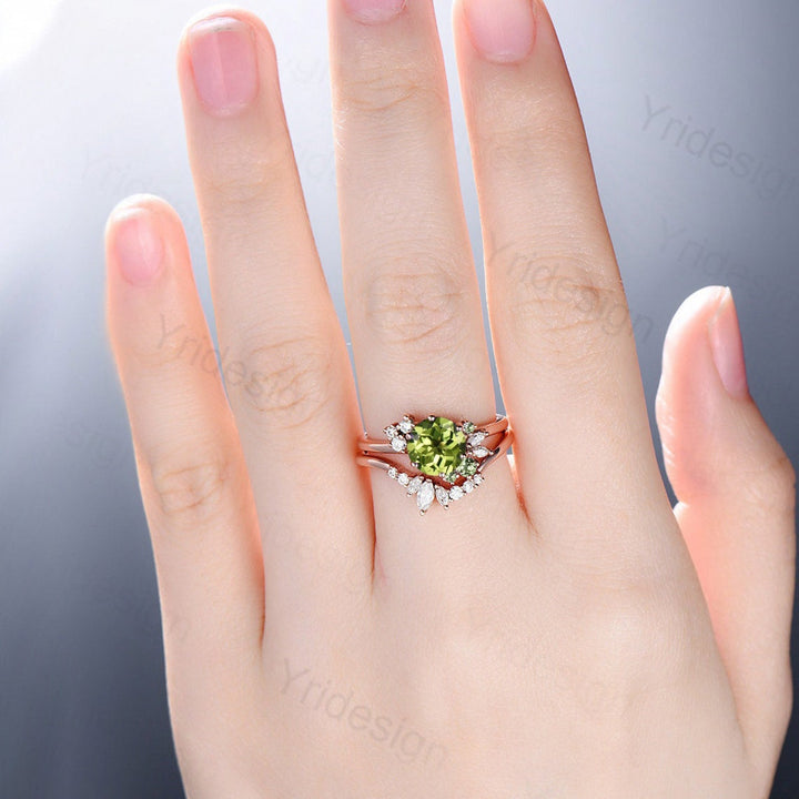 Vintage Peridot Engagement Ring Set Unique Cluster Moissanite Wedding Set Rose Gold Art Deco Anniversary Ring bridal set women gifts - PENFINE