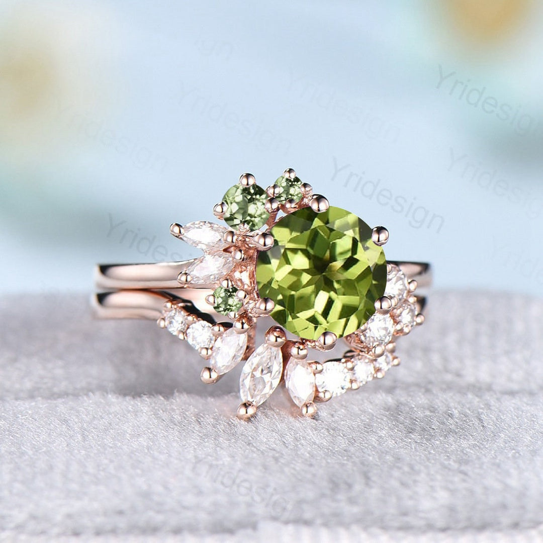 Vintage Peridot Engagement Ring Set Unique Cluster Moissanite Wedding Set Rose Gold Art Deco Anniversary Ring bridal set women gifts - PENFINE