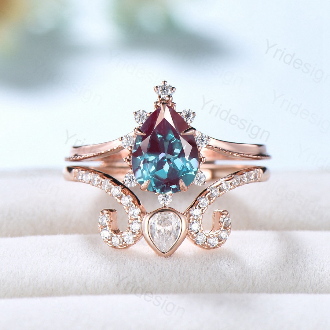 Vintage Pear shaped alexandrite engagement ring set Art Deco Rose gold Moissanite Stacking Ring Unique anniversary bridal ring for women - PENFINE