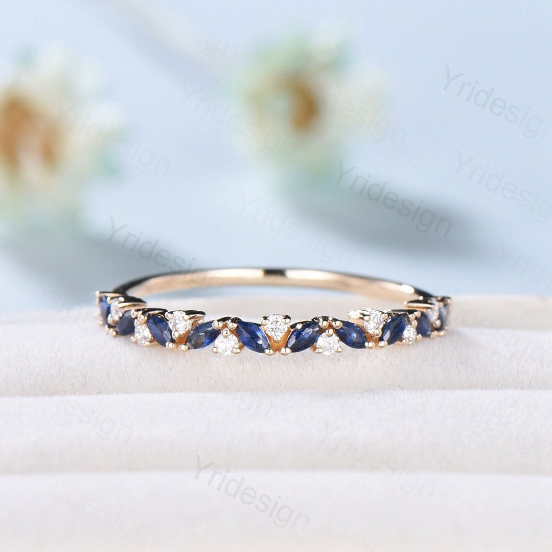 Vintage Sapphire Wedding Band , Marquise cut yellow gold wedding ring, Unique Stacking ring matching ring Bridal ring, Anniversary band ring - PENFINE