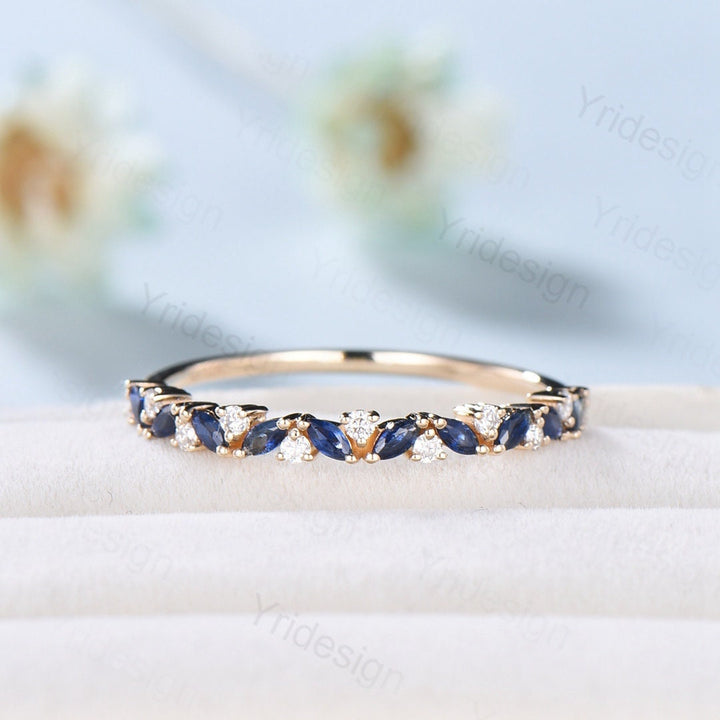 Vintage Sapphire Wedding Band , Marquise cut yellow gold wedding ring, Unique Stacking ring matching ring Bridal ring, Anniversary band ring - PENFINE