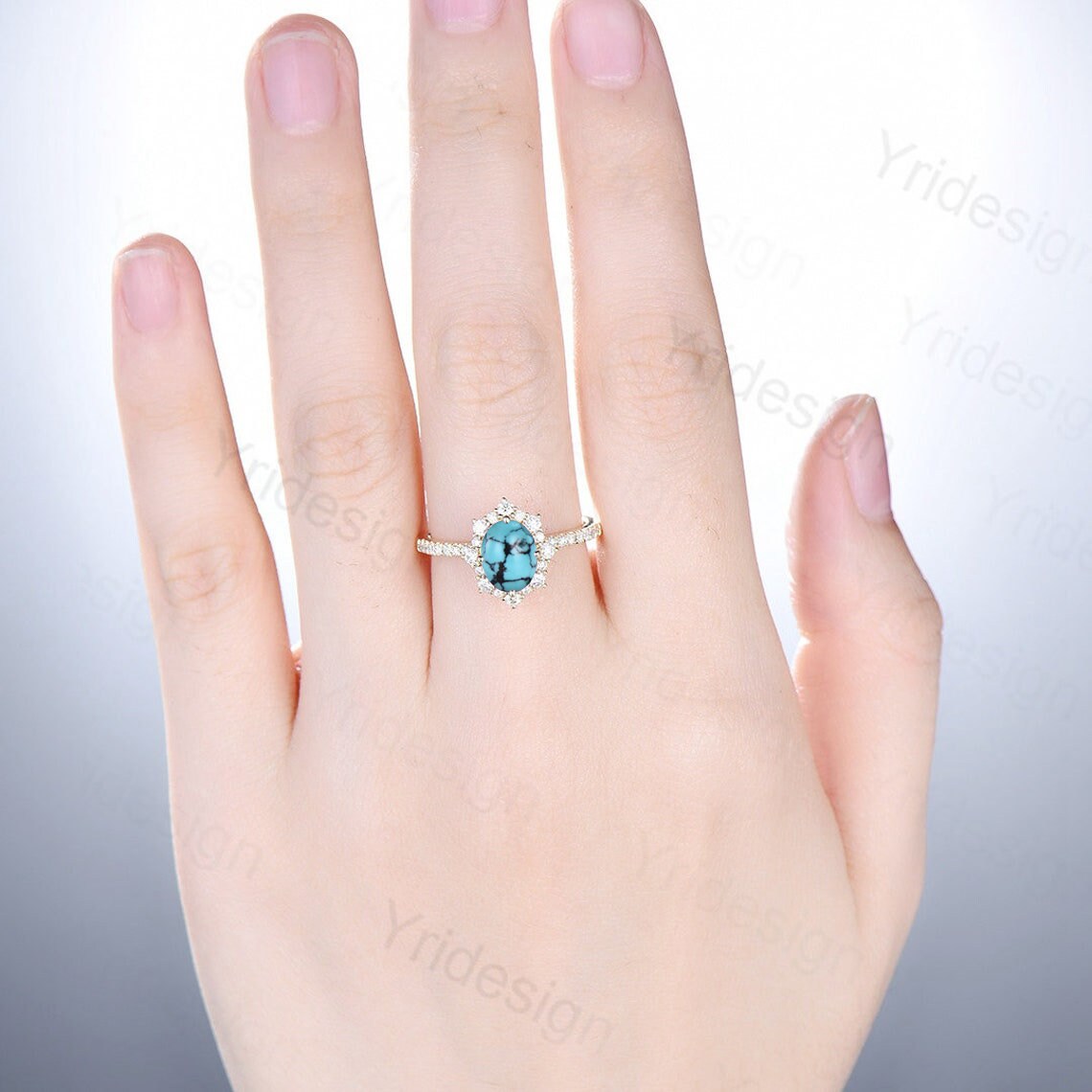 Vintage turquoise engagement ring halo moissanite oval turquoise rings for women December birthstone ring bridal wedding promise ring - PENFINE