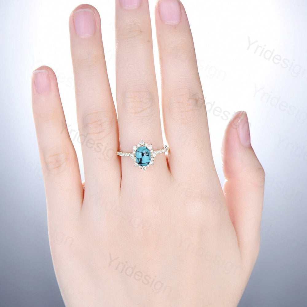 Vintage turquoise engagement ring halo moissanite oval turquoise rings for women December birthstone ring bridal wedding promise ring - PENFINE