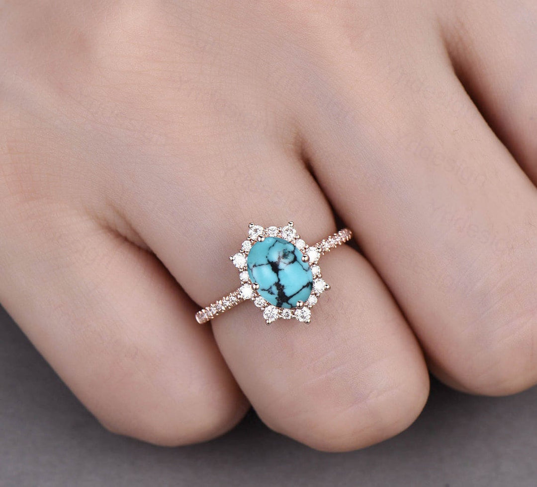 Vintage turquoise engagement ring halo moissanite oval turquoise rings for women December birthstone ring bridal wedding promise ring - PENFINE