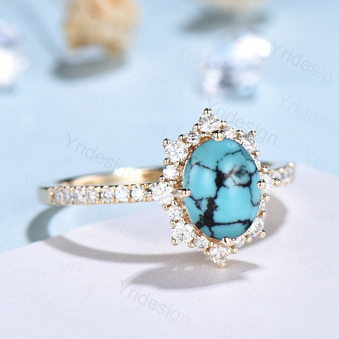 Vintage turquoise engagement ring halo moissanite oval turquoise rings for women December birthstone ring bridal wedding promise ring - PENFINE