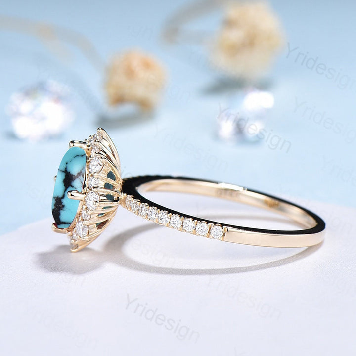 Vintage turquoise engagement ring halo moissanite oval turquoise rings for women December birthstone ring bridal wedding promise ring - PENFINE