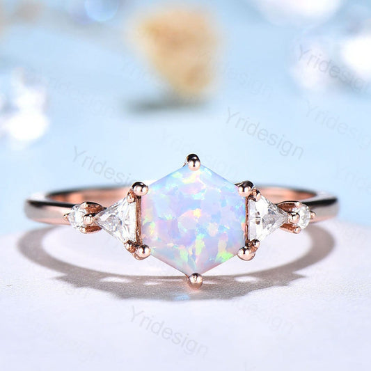 Five Stone Hexagon Cut White Opal Engagement Ring Unique Trillion Moissanite Wedding Ring October Bride Ring Women 6 Prongs Anniversary Gift - PENFINE
