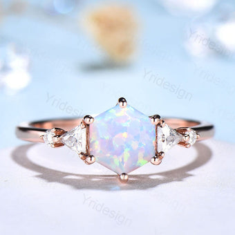 Five Stone Hexagon Cut White Opal Engagement Ring Unique Trillion Moissanite Wedding Ring October Bride Ring Women 6 Prongs Anniversary Gift - PENFINE