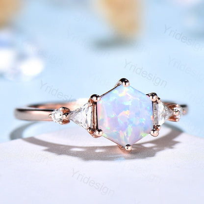 Five Stone Hexagon Cut White Opal Engagement Ring Unique Trillion Moissanite Wedding Ring October Bride Ring Women 6 Prongs Anniversary Gift - PENFINE