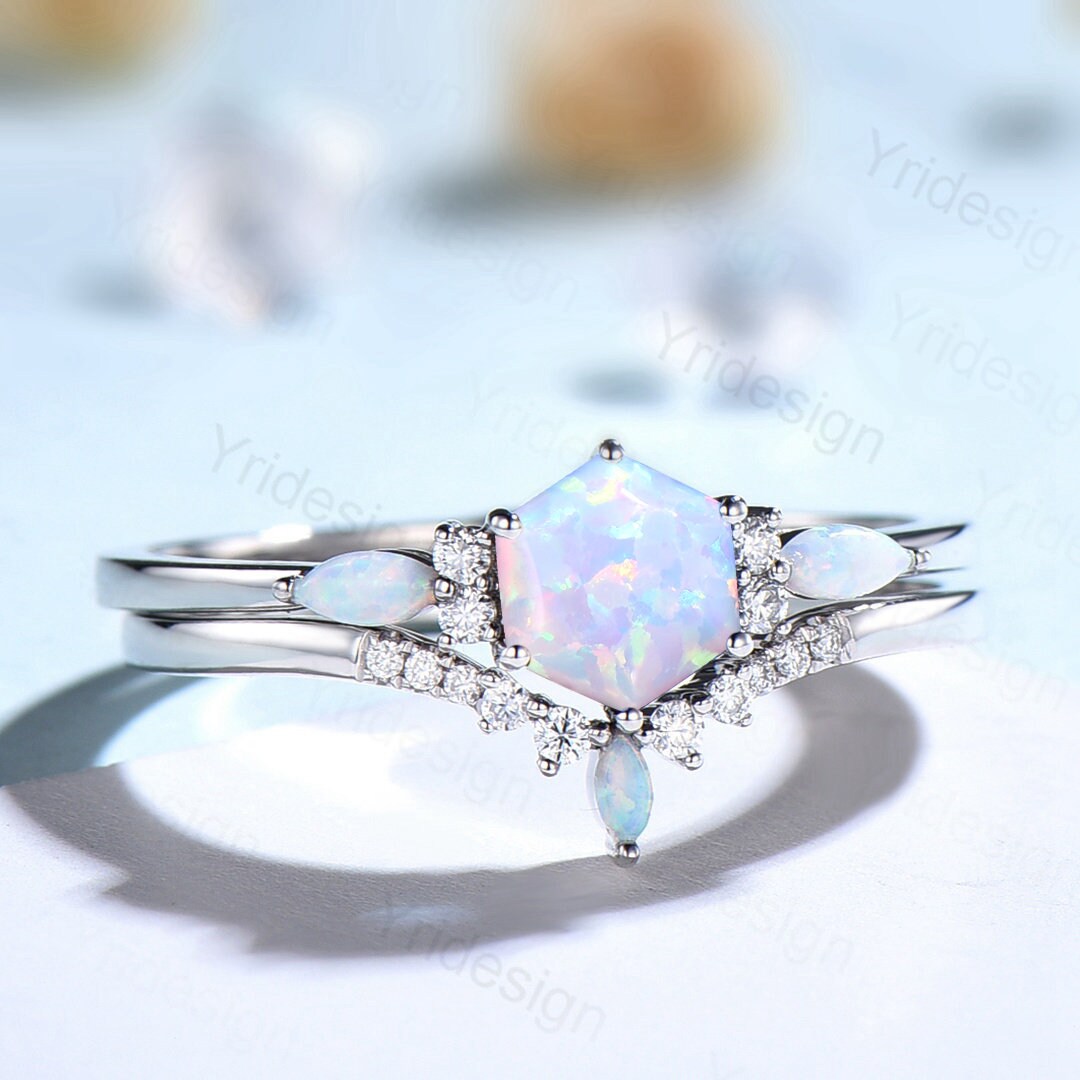 Vintage Opal Engagement Ring Set Unique Cluster Marquise Opal Wedding Ring Personalized Anniversary Gift Women Crown Moissanite Band Ring - PENFINE