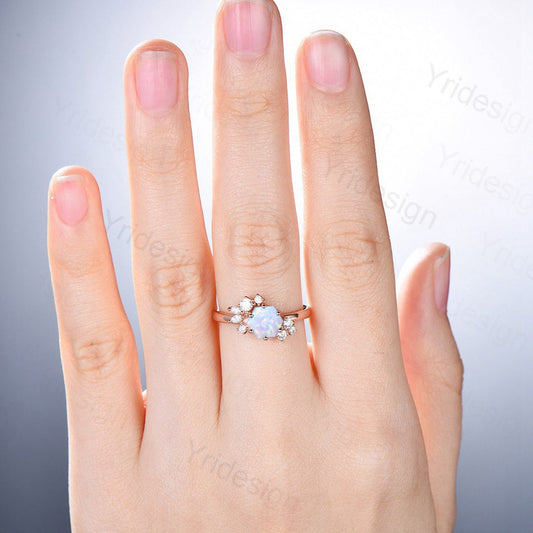 Hexagon cut opal ring silver vintage unique white opal engagement ring cluster simulant diamond ring art deco promise ring for women - PENFINE