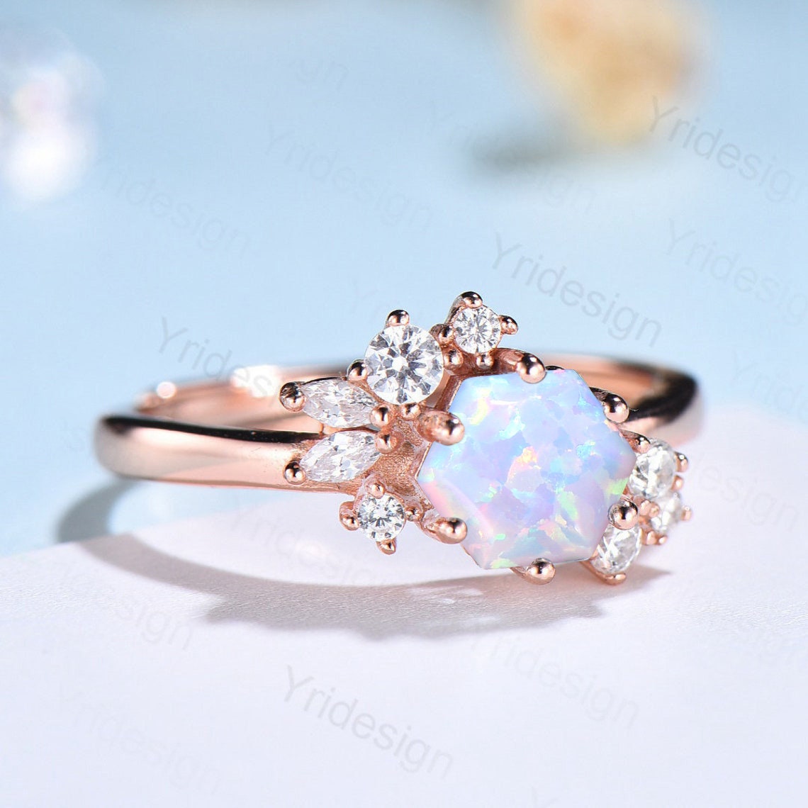 Hexagon cut opal ring silver vintage unique white opal engagement ring cluster simulant diamond ring art deco promise ring for women - PENFINE