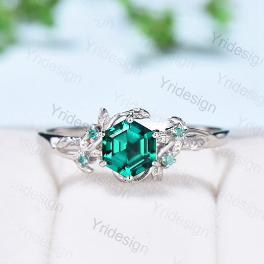 Vintage Emerald Ring 1CT Hexagon Cut Inspired Leaf Emerald Engagement Ring White Gold Unique Cluster Green Stone Wedding Ring For Women - PENFINE