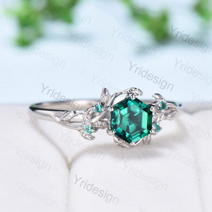 Vintage Emerald Ring 1CT Hexagon Cut Inspired Leaf Emerald Engagement Ring White Gold Unique Cluster Green Stone Wedding Ring For Women - PENFINE