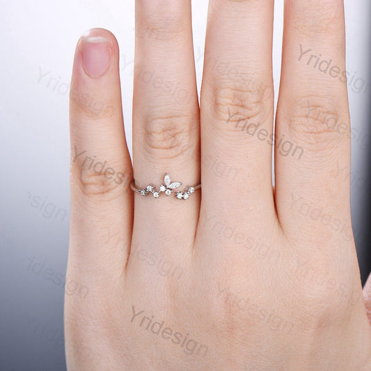 Vintage Moissanite Wedding Band Unique Ladies Flower Wedding Ring Women 14k White Gold Cluster Matching Stacking Band Anniversary Gift - PENFINE