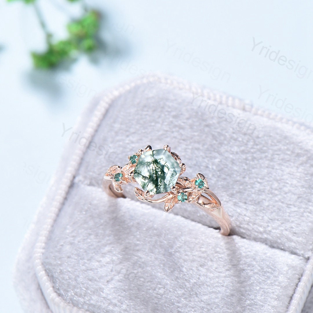 1ct Natural Moss Agate Ring Set Vintage Hexagon Cut Nature Inspired Leaf Engagement Rings Unique cheapest Solitaire Ring Green Healing Gemstone Ring