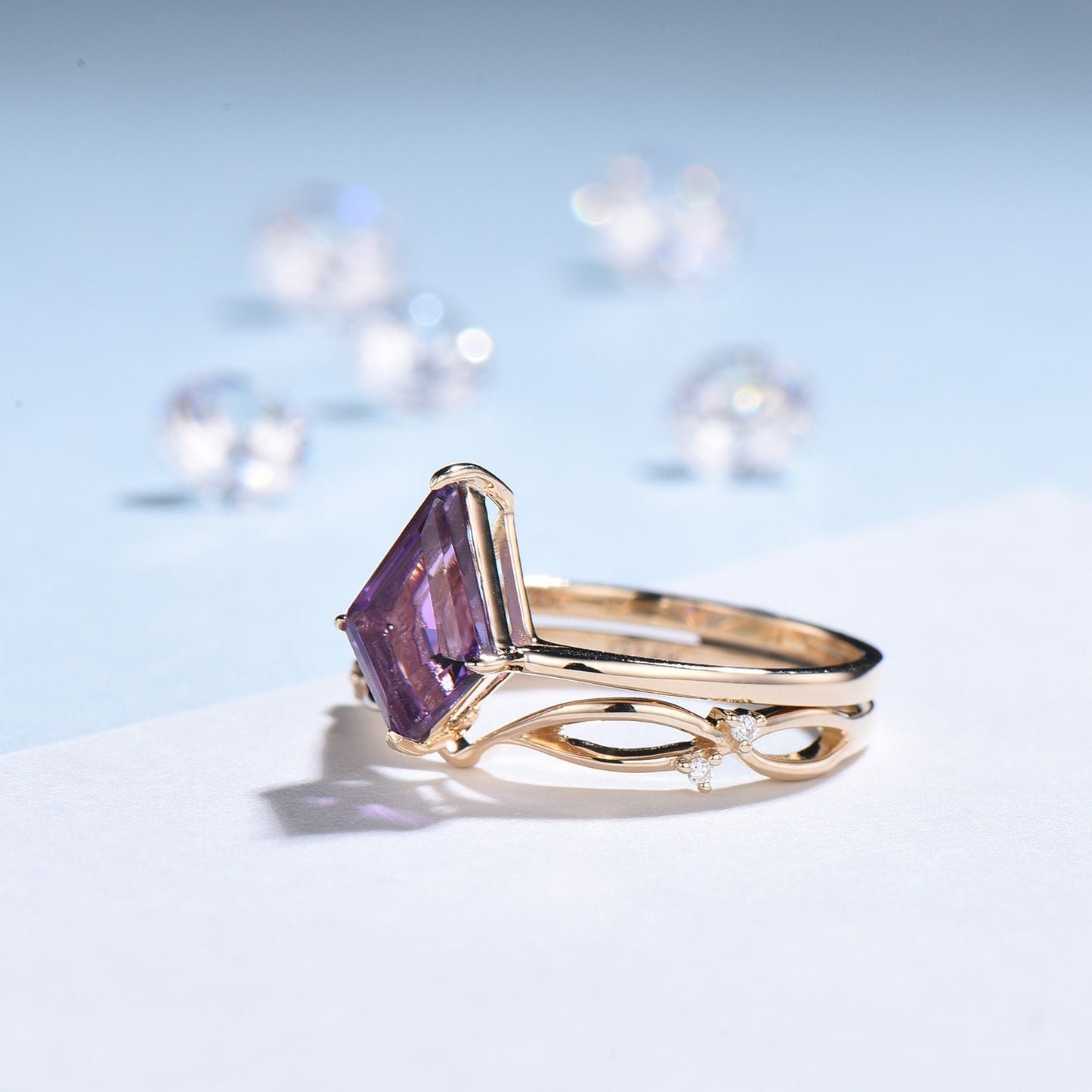 7x10mm Kite Cut Amethyst Ring Set Solitaire 1.5CT Purple Amethyst Engagement Ring Simple Rose Gold February Birthstone Wedding Bridal Set - PENFINE