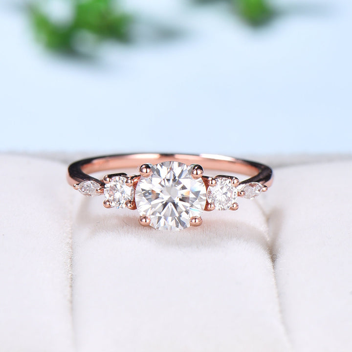 6.5mm round moissanite engagement ring Art Deco Wedding Ring, Five Stone Rose Gold Ring for women vintage unique Cluster promise ring - PENFINE