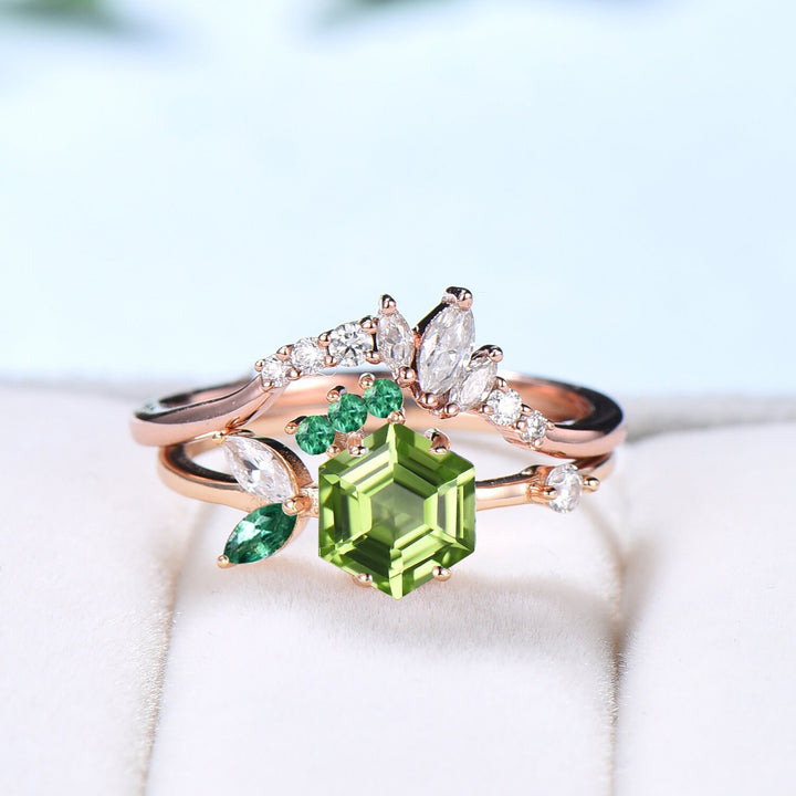 Unique Peridot and Emerald Ring Vintage Hexagon Peridot Engagement Ring Set Unique Cluster Moissanite Wedding Set Art Deco Anniversary Gift - PENFINE