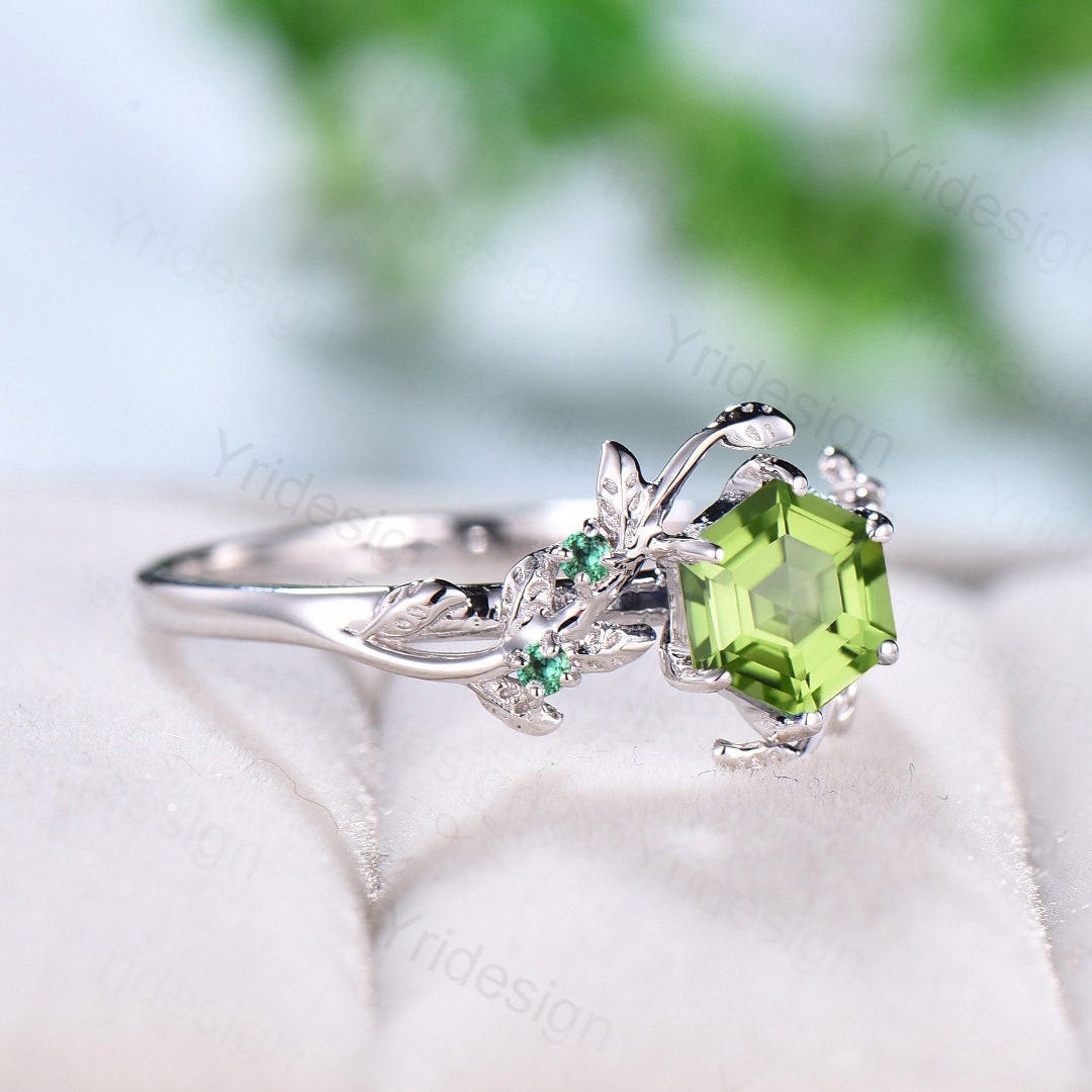 Elegant Hexagon Cut Peridot Ring Solid White Gold Vintage Unique Peridot Engagement Ring Cluster Emerald Wedding Ring Women Anniversary Gift - PENFINE