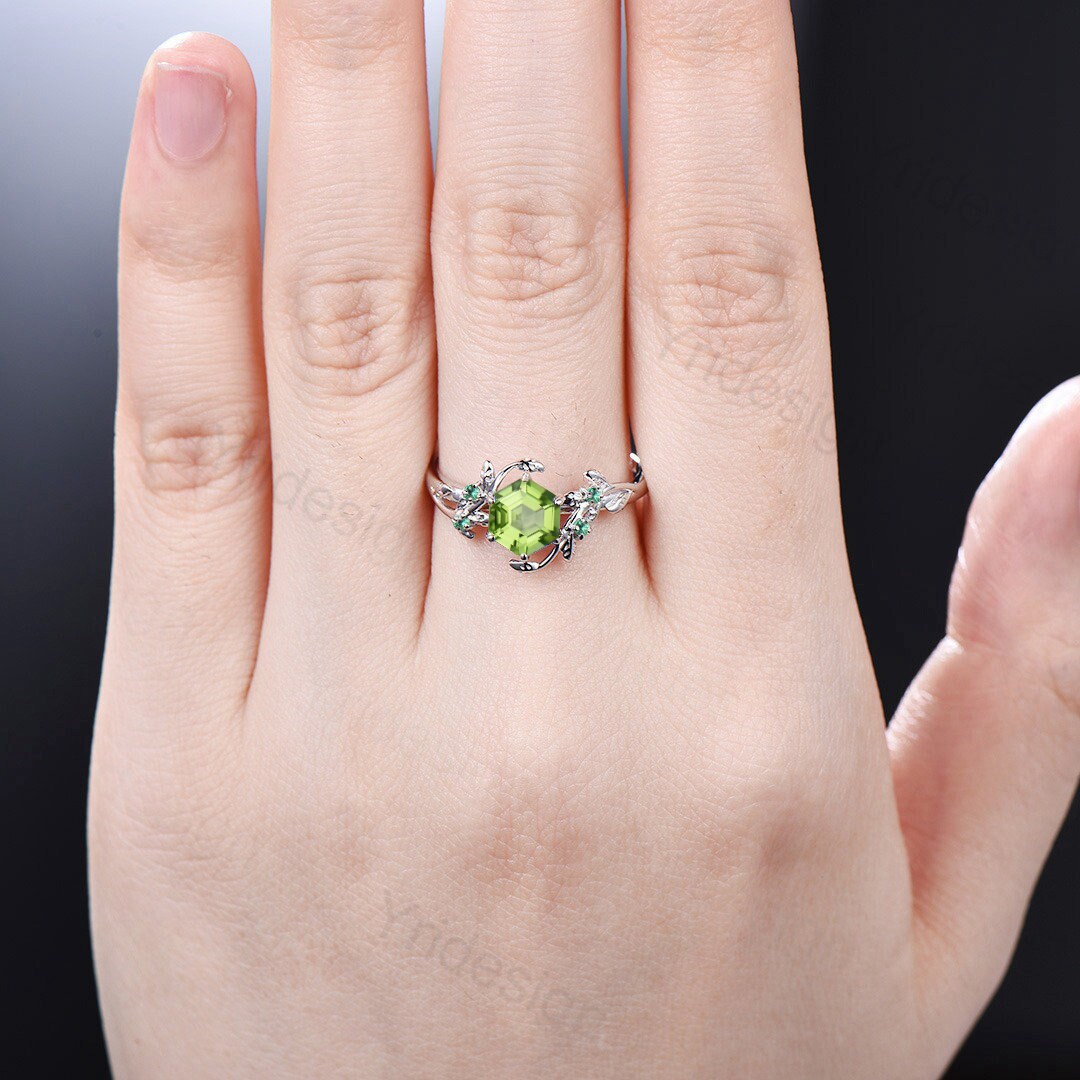 Elegant Hexagon Cut Peridot Ring Solid White Gold Vintage Unique Peridot Engagement Ring Cluster Emerald Wedding Ring Women Anniversary Gift - PENFINE