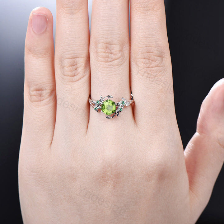 Elegant Hexagon Cut Peridot Ring Solid White Gold Vintage Unique Peridot Engagement Ring Cluster Emerald Wedding Ring Women Anniversary Gift - PENFINE