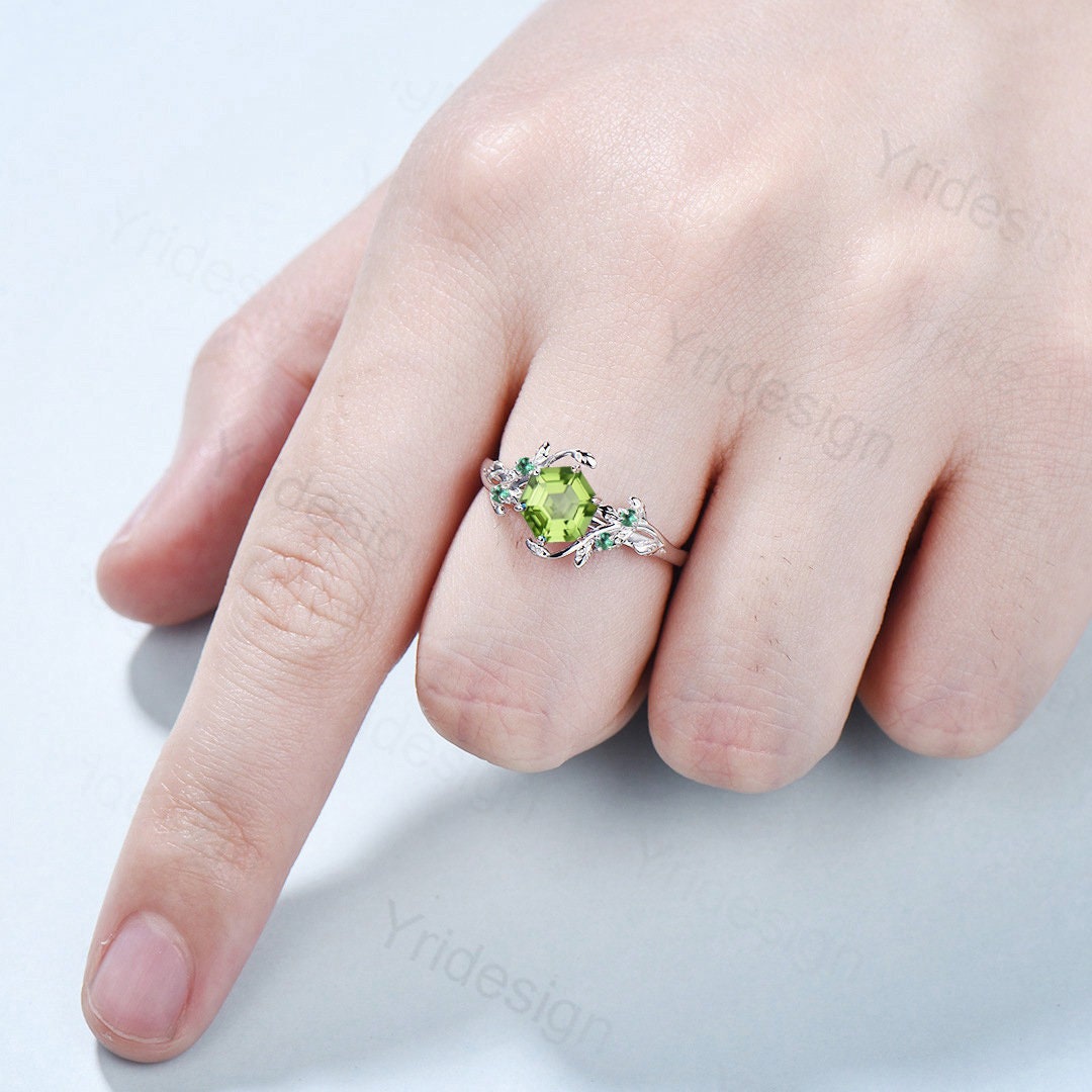 Elegant Hexagon Cut Peridot Ring Solid White Gold Vintage Unique Peridot Engagement Ring Cluster Emerald Wedding Ring Women Anniversary Gift - PENFINE