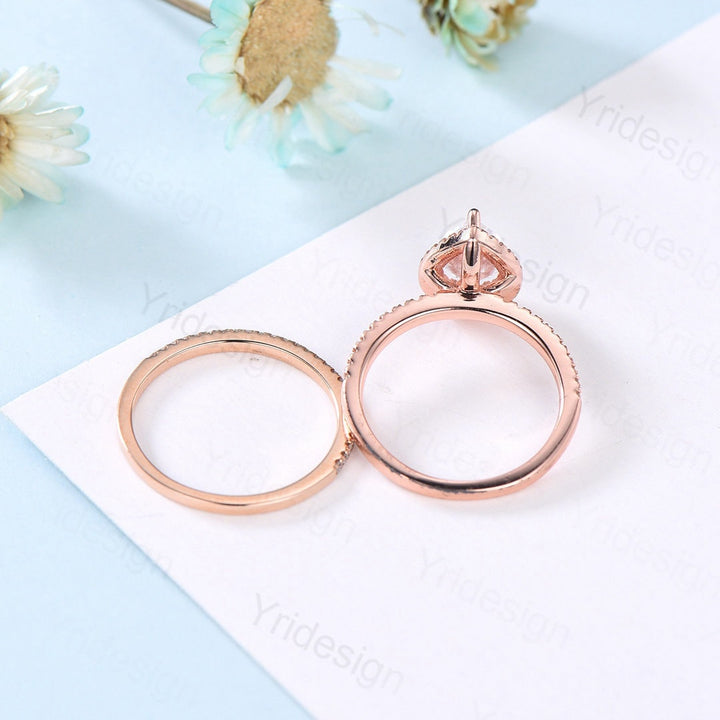 Vintage Pear shaped peridot engagement ring set Art Deco Rose gold Moissanite Stacking Ring Unique anniversary bridal ring for women - PENFINE