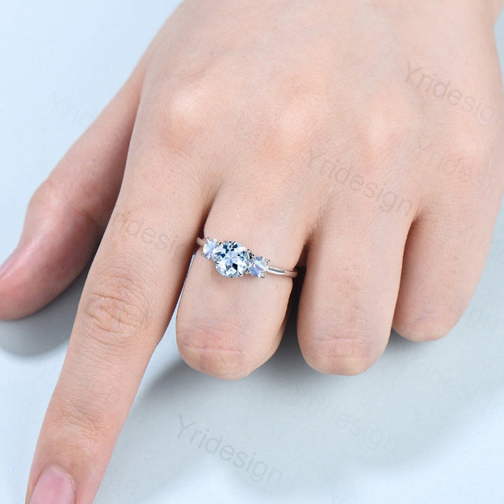 Three Stone Aquamarine Ring Dainty Moonstone Aquamarine Engagement Ring Gold Wedding Ring For Women Antique Anniversary promise ring for her - PENFINE