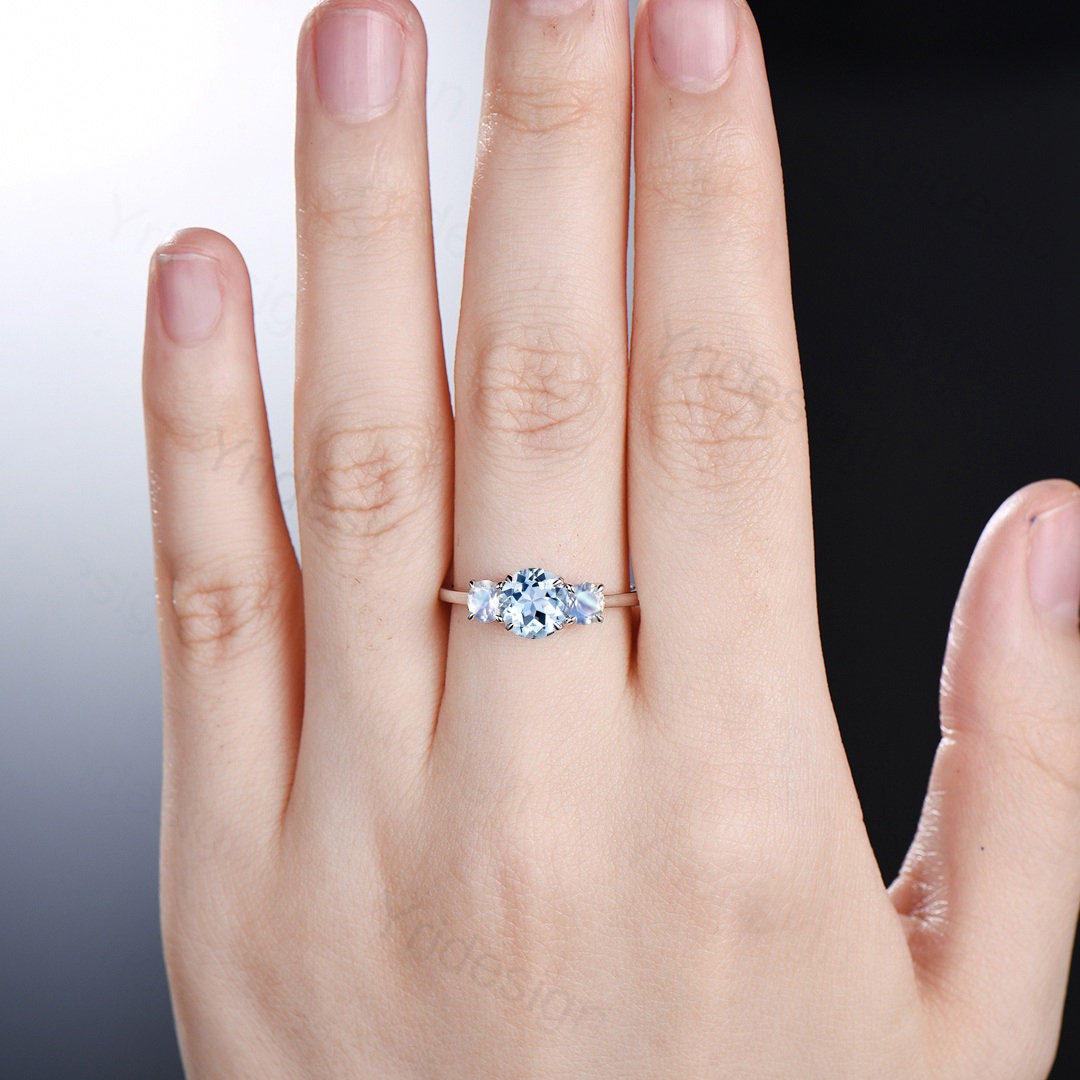 Three Stone Aquamarine Ring Dainty Moonstone Aquamarine Engagement