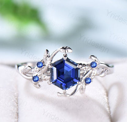 Elegant Hexagon Cut Sapphire Ring White Gold Vintage Unique Blue Sapphire Engagement Ring Branch September birthstone Wedding Ring Women - PENFINE