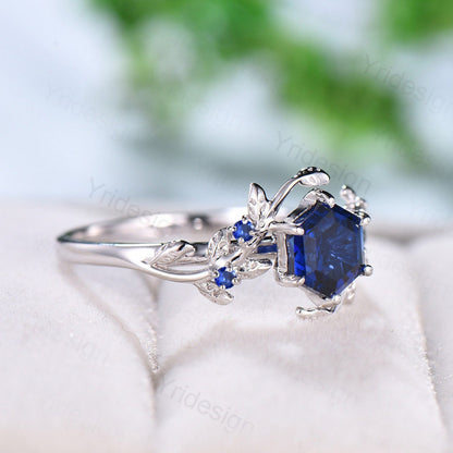 Elegant Hexagon Cut Sapphire Ring White Gold Vintage Unique Blue Sapphire Engagement Ring Branch September birthstone Wedding Ring Women - PENFINE
