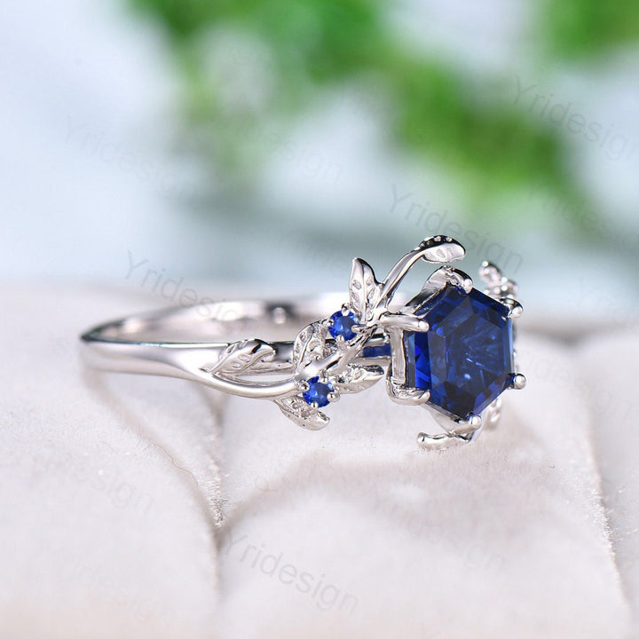 Elegant Hexagon Cut Sapphire Ring White Gold Vintage Unique Blue Sapphire Engagement Ring Branch September birthstone Wedding Ring Women - PENFINE